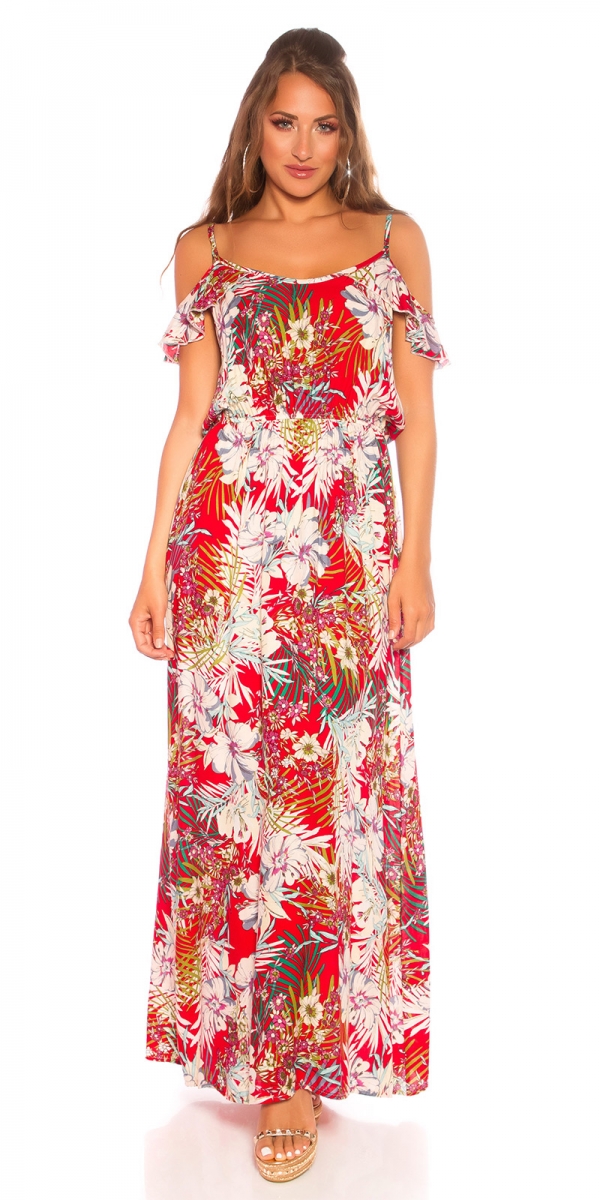 Carmen Maxi-Kleid mit Blumenprint-Verzierung - rot