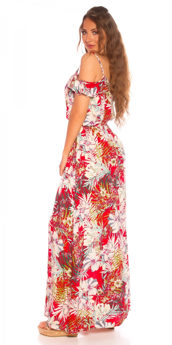 Carmen Maxi-Kleid mit Blumenprint-Verzierung - rot