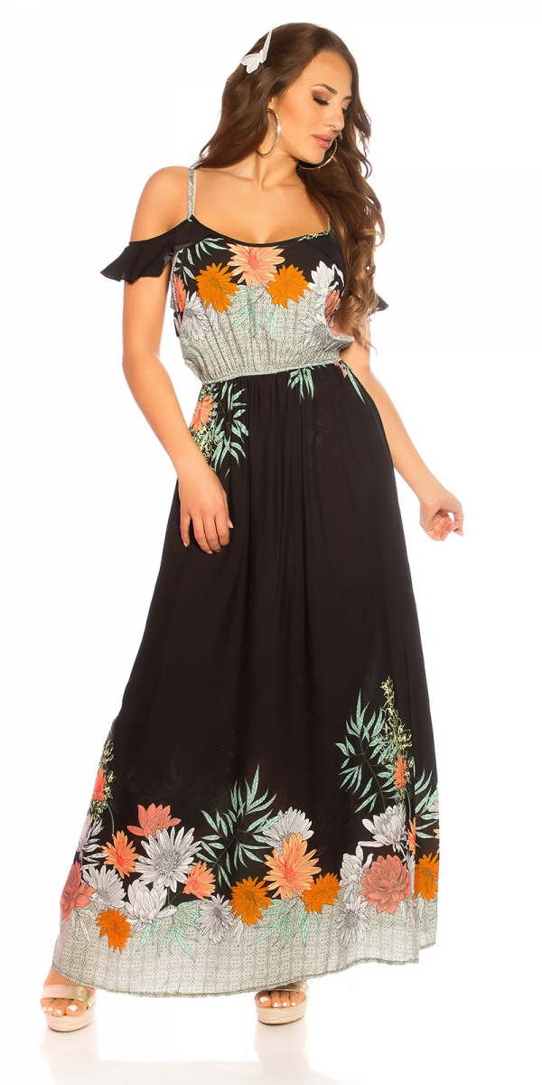 Modisches Maxi-Kleid mit Blümchenprint-Verzierung - schwarz