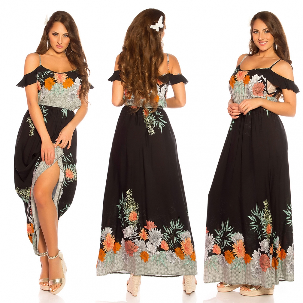 Modisches Maxi-Kleid mit Blümchenprint-Verzierung - schwarz