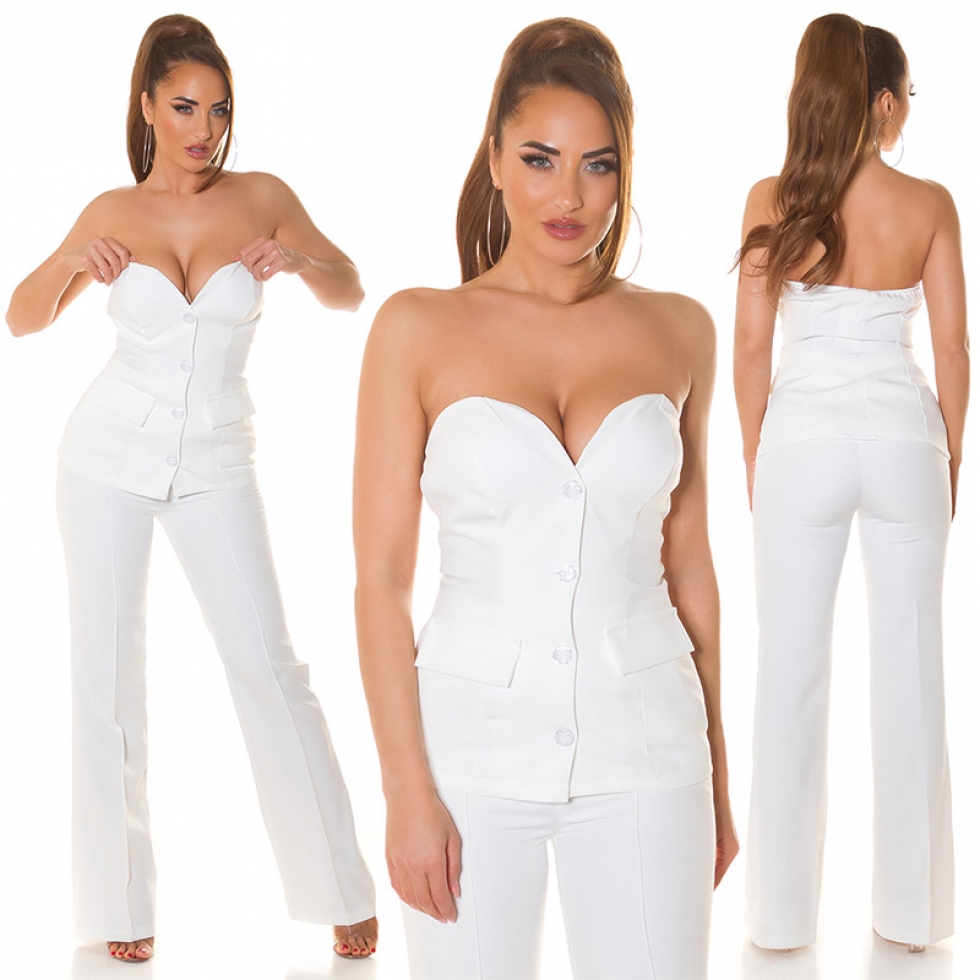 Schulterfreie Bandeau Blazer Jacke mit Knopfverschnluss - weiß