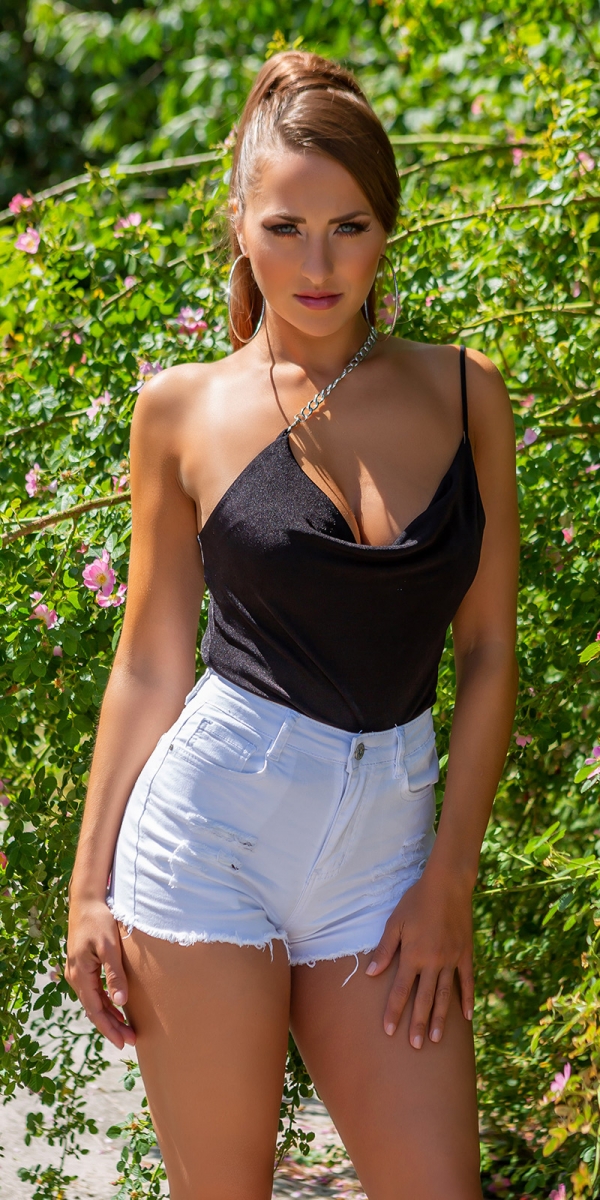 Sexy One-Shoulder-Top mit Wasserfall-Ausschnitt - schwarz