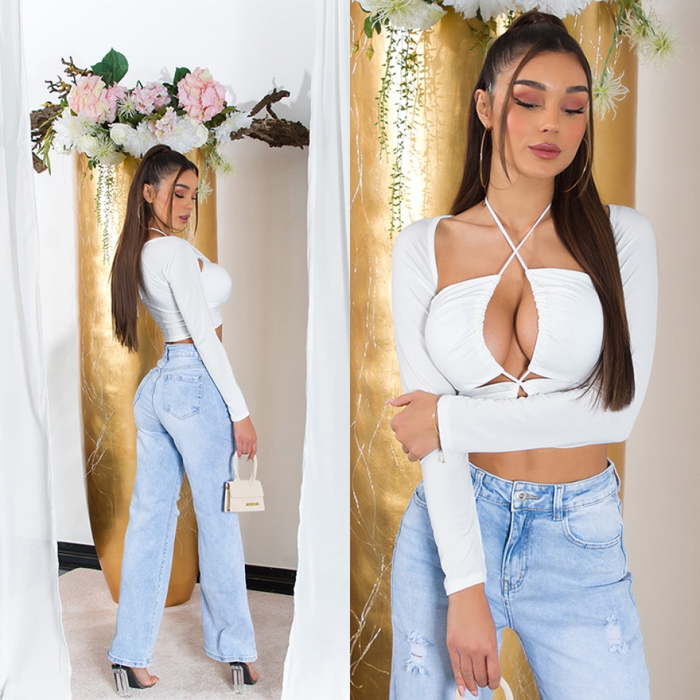 Sexy Crop-Top mit langen Ärmeln und Bindebändchen - weiß