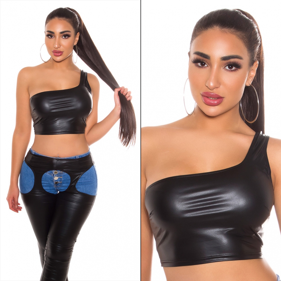 Sexy bauchfreies One Shoulder Top im Wetlook - schwarz
