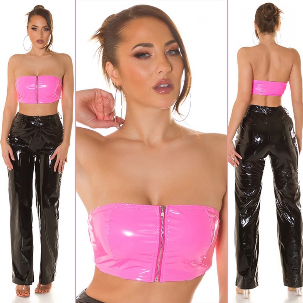 Sexy bauchfreies Bandeau-Top im Wetlook - neon pink