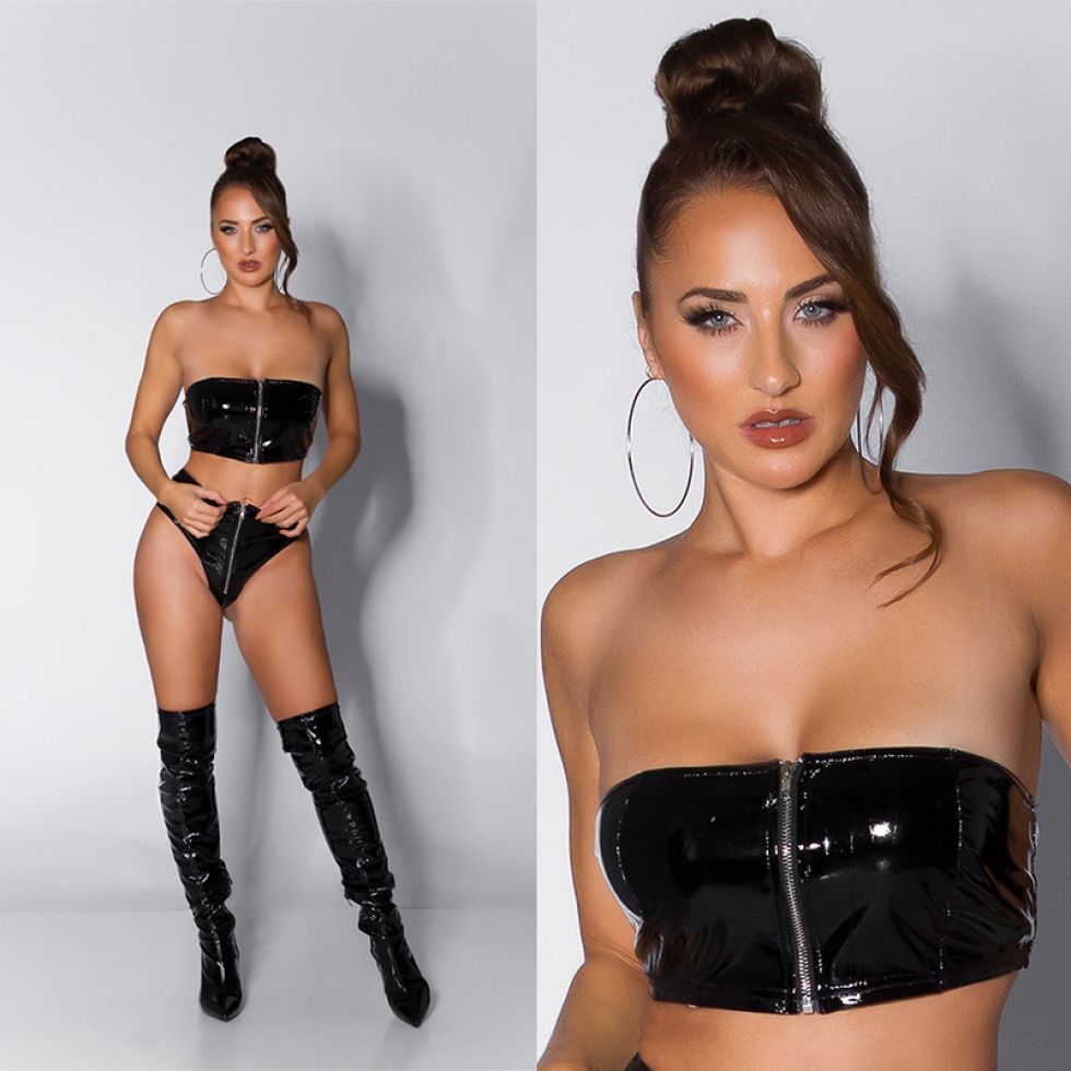 Sexy bauchfreies Bandeau-Top im Wetlook - schwarz