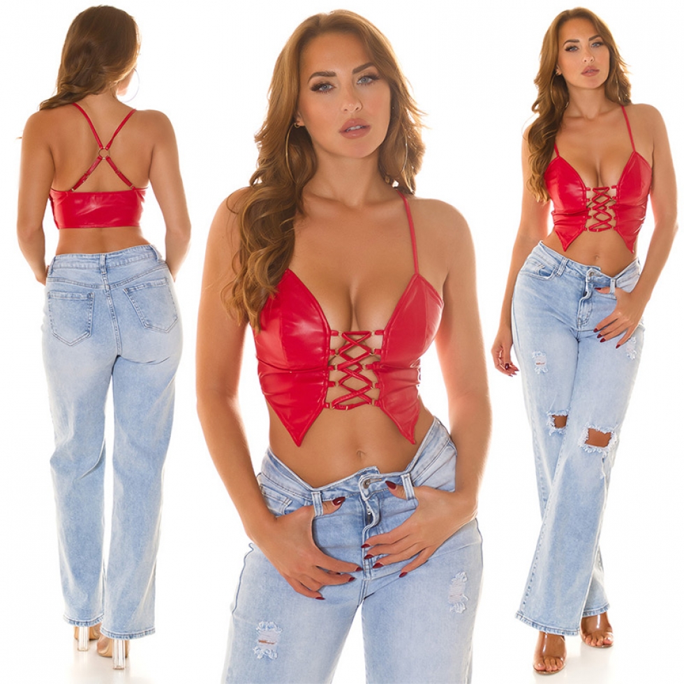 Sexy bauchfreies Crop-Top im Leder-Look mit Schnürrung - rot