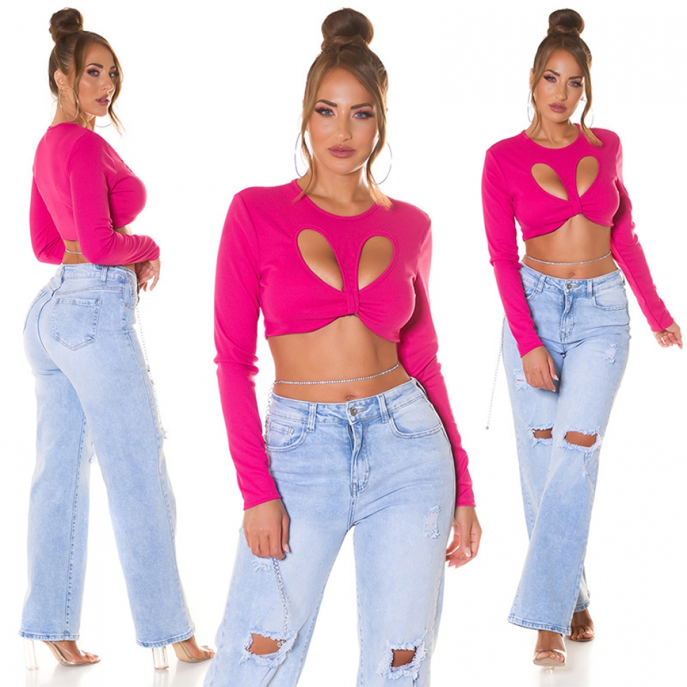 Bauchfreies Langarm-Top mit sexy Cutout und Soft-Cups - pink