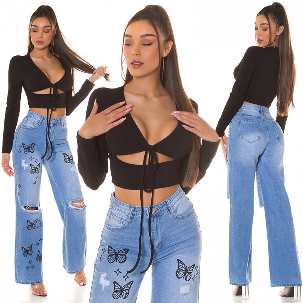 Bauchfreie Bluse zum knoten mit Cups - schwarz