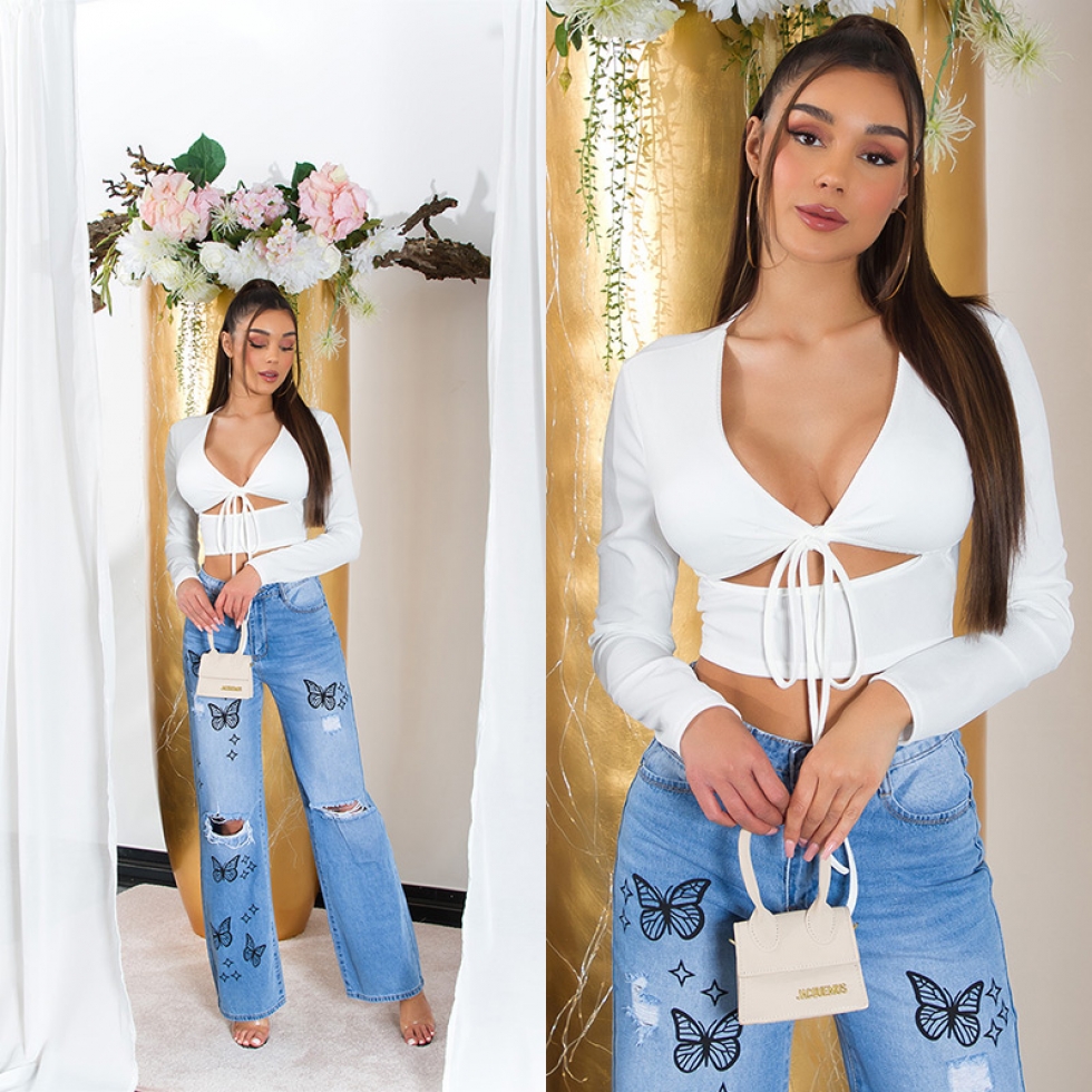 Bauchfreie Bluse zum knoten mit Cups - weiß