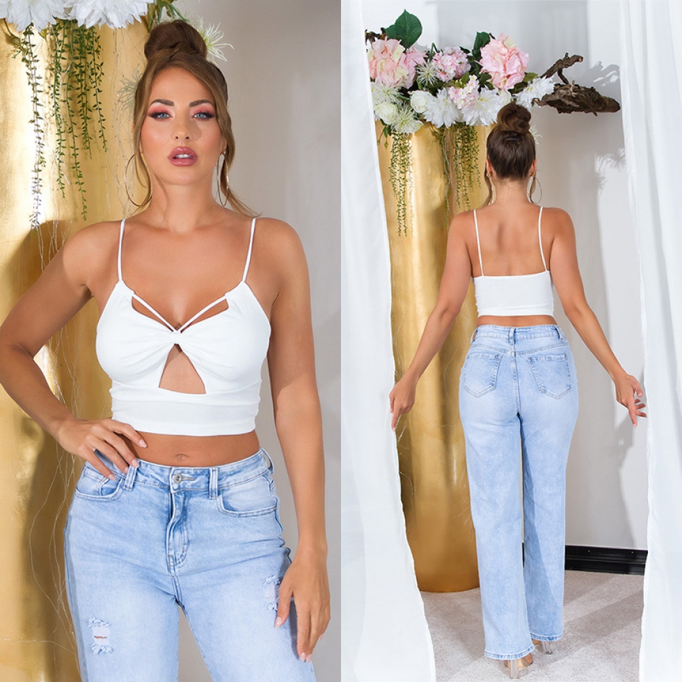 Sexy Träger- Stretch- Top mit Cutouts und Softcups - weiß