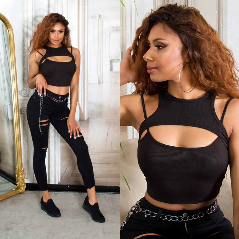 Ärmelloses Crop-Top im 2in1 Look mit sexy Cutout und Soft Cups - schwarz