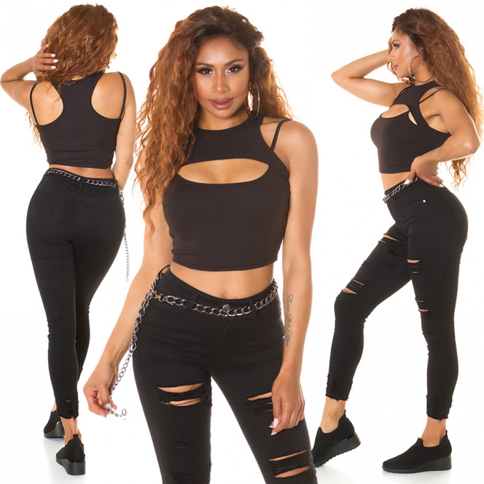 Ärmelloses Crop-Top im 2in1 Look mit sexy Cutout und Soft Cups - schwarz
