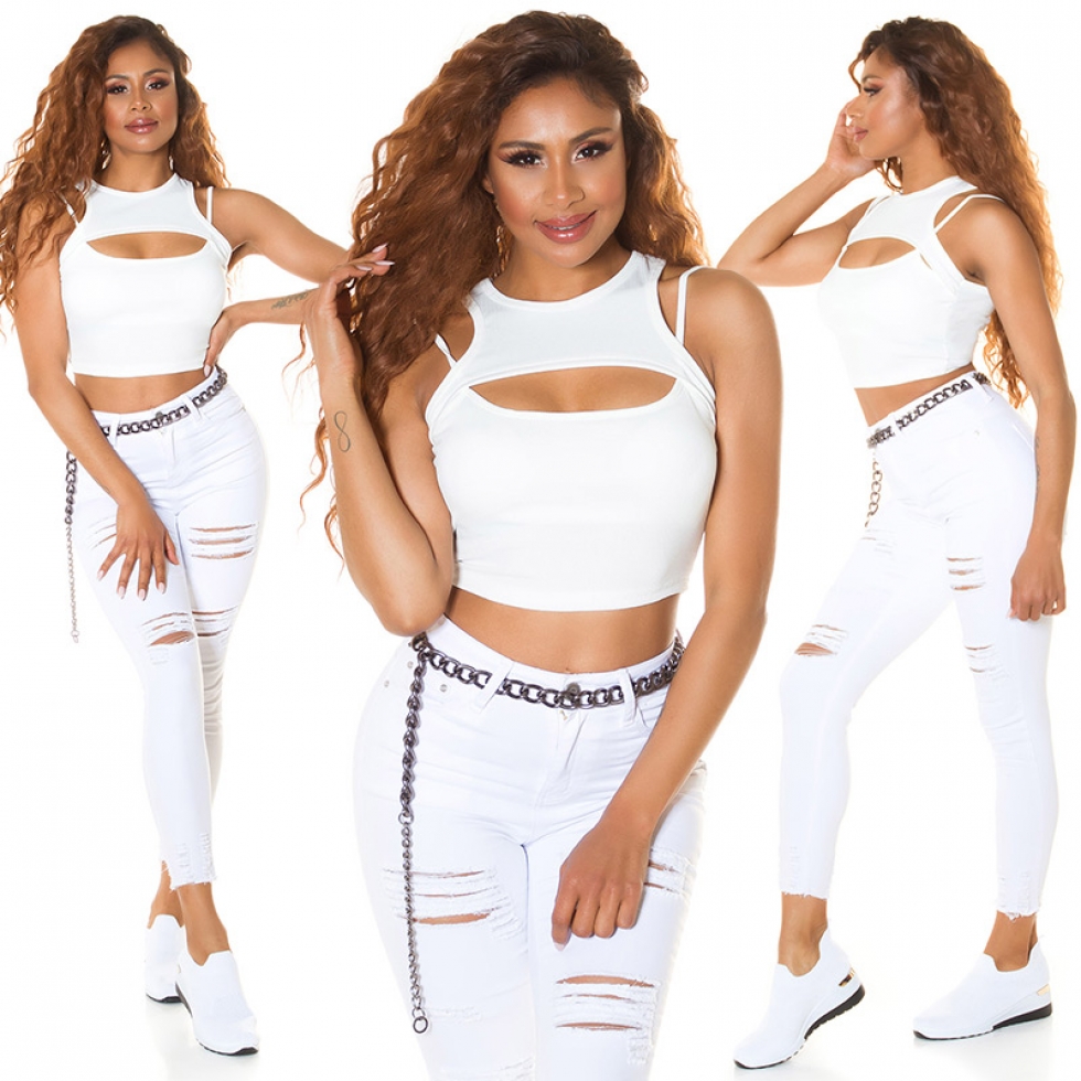 Ärmelloses Crop-Top im 2in1 Look mit sexy Cutout und Soft Cups - weiß