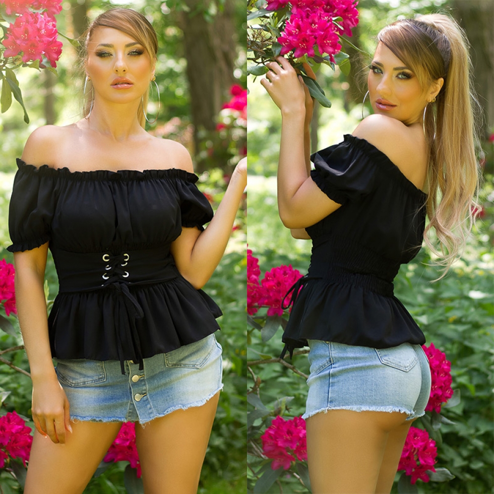 Schulterfreie Carmen-Bluse mit Volant-Abschluss - schwarz