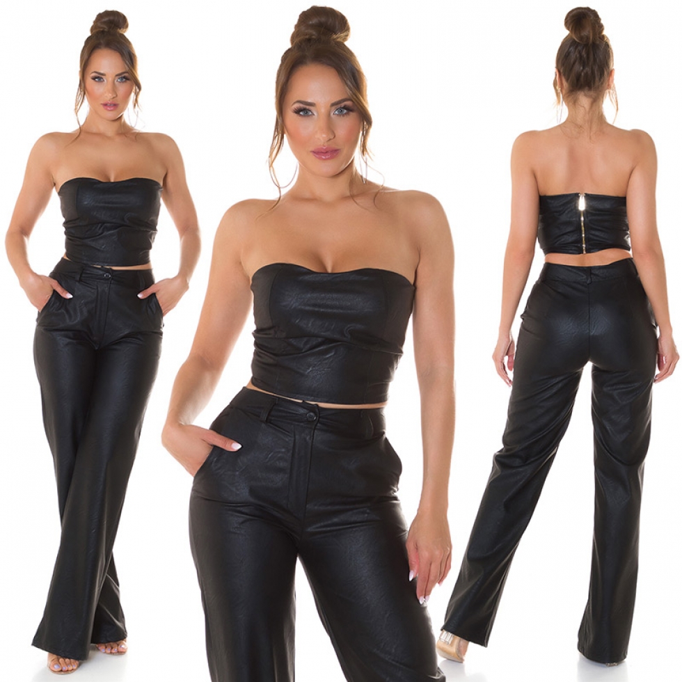 Bauchfreies Bandeau-Top im Leder-Look - schwarz