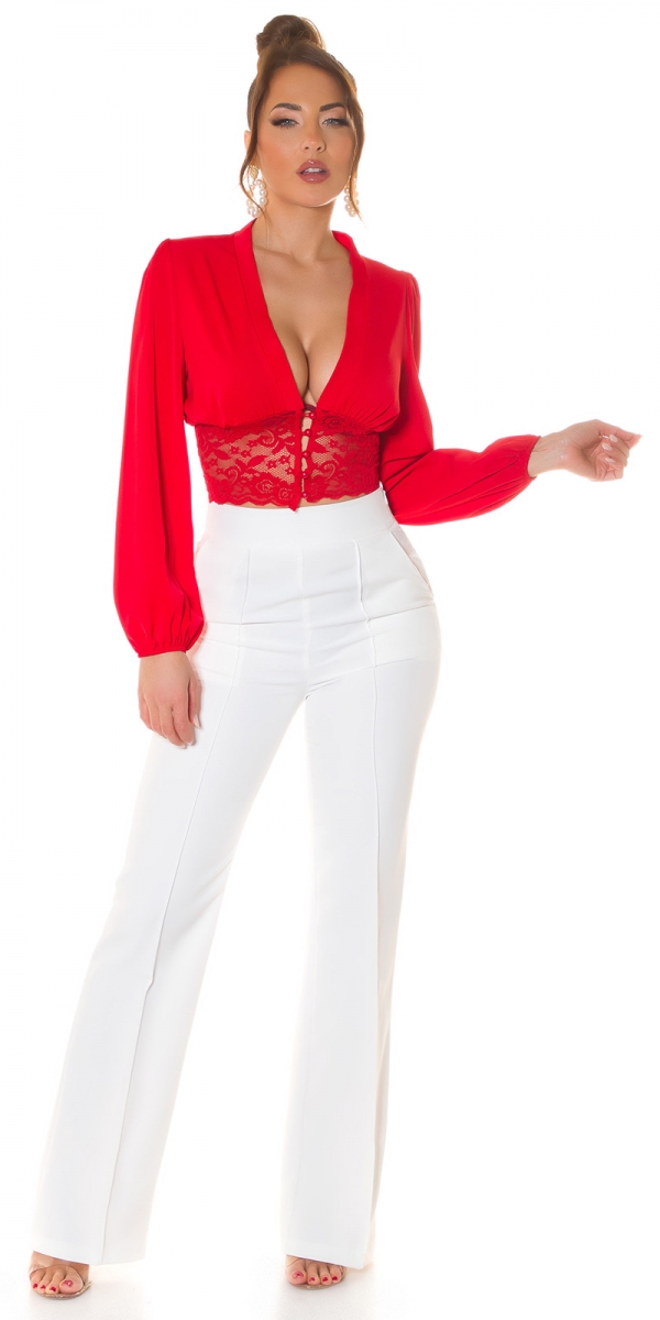 Sexy geknöpfte Crop Bluse mit Spitze - rot