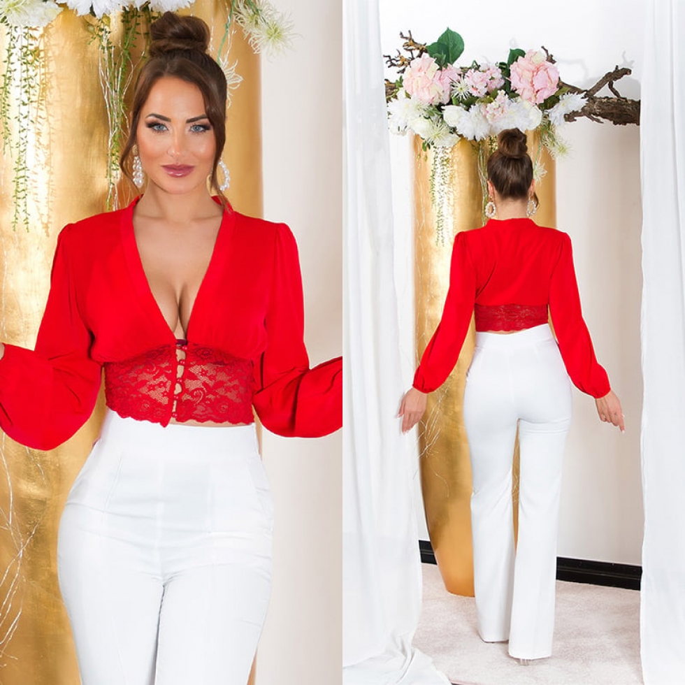 Sexy geknöpfte Crop Bluse mit Spitze - rot