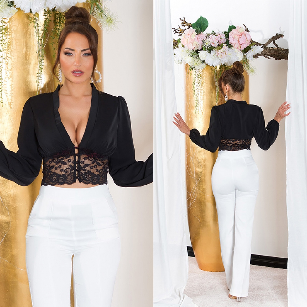 Sexy geknöpfte Crop Bluse mit Spitze - schwarz