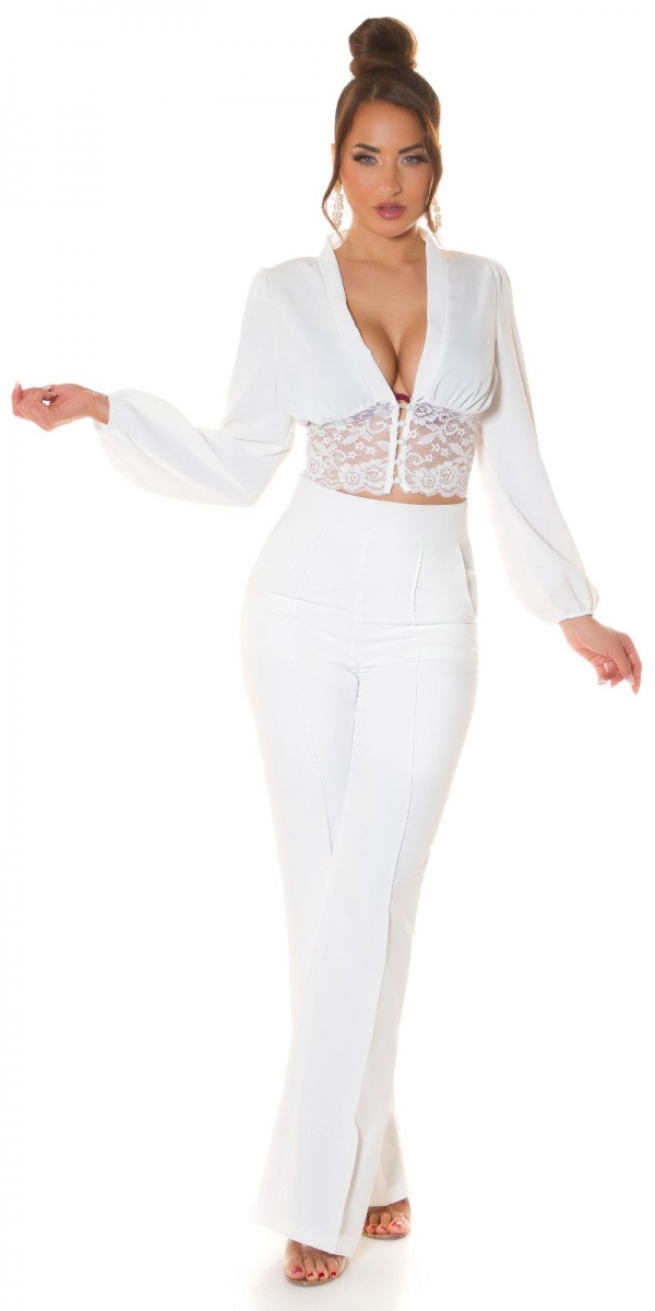 Sexy geknöpfte Crop Bluse mit Spitze - weiß