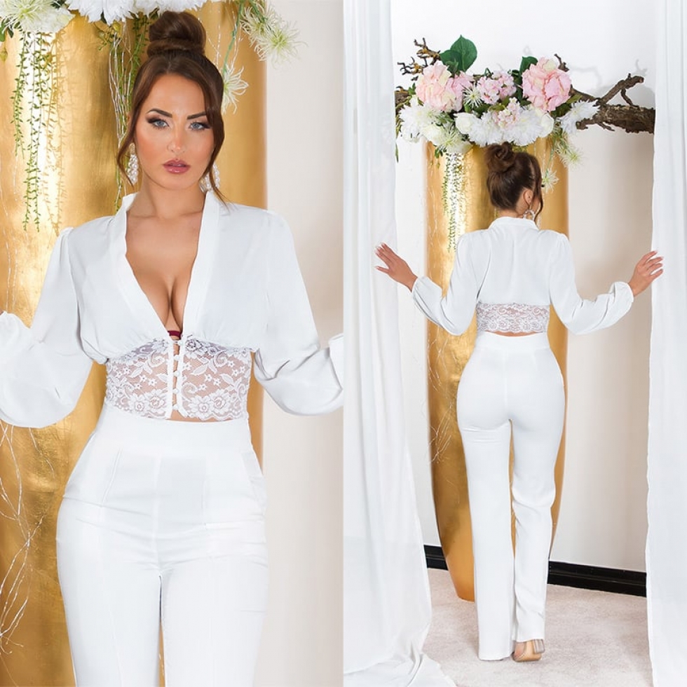 Sexy geknöpfte Crop Bluse mit Spitze - weiß