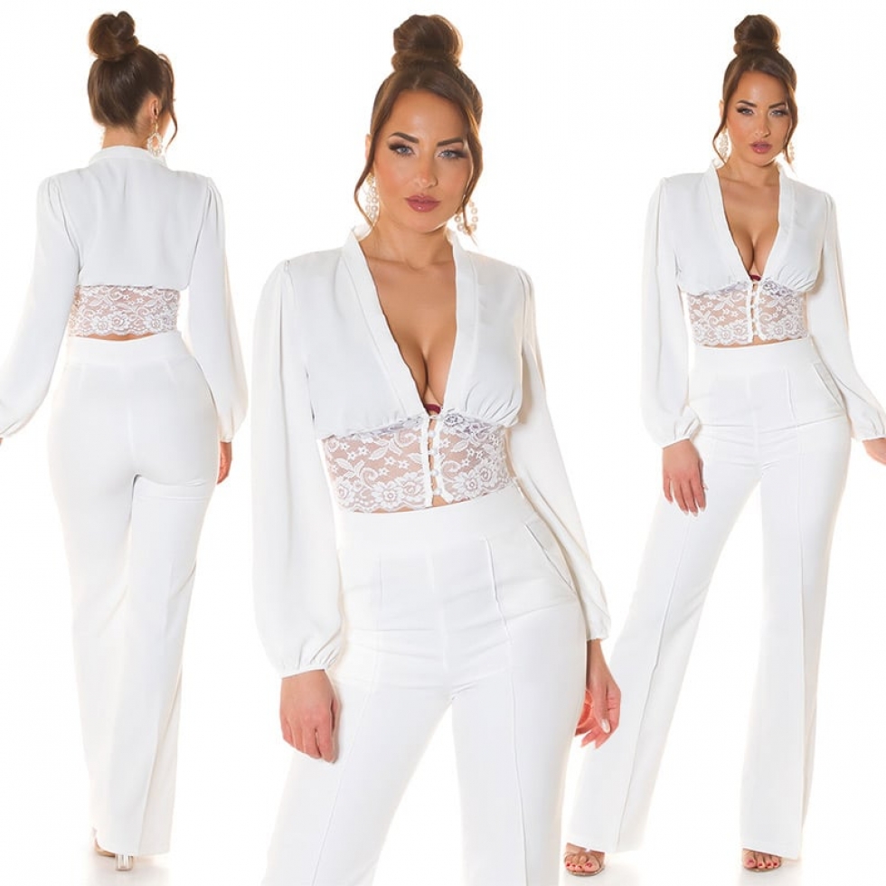 Sexy geknöpfte Crop Bluse mit Spitze - weiß
