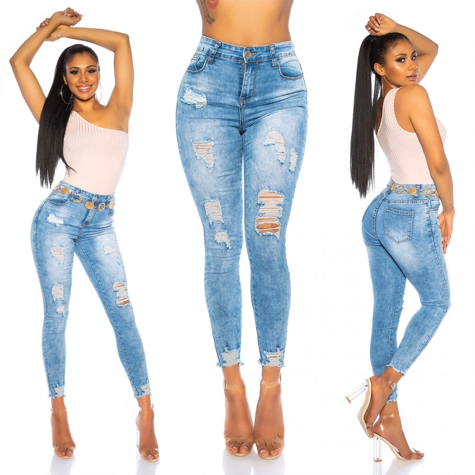 High Waist Jeans im modischen Used-Look - blue washed