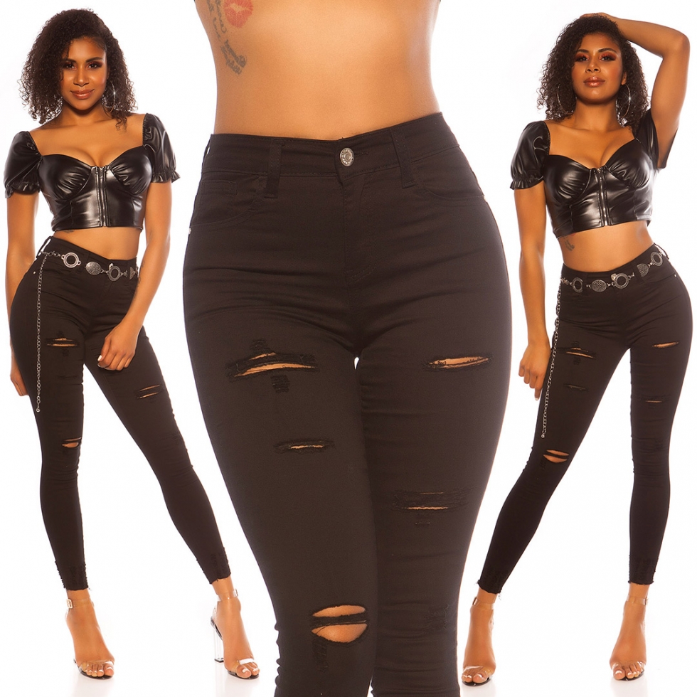 High Waist Skinny-Jeans im modischen destroyed Look - schwarz