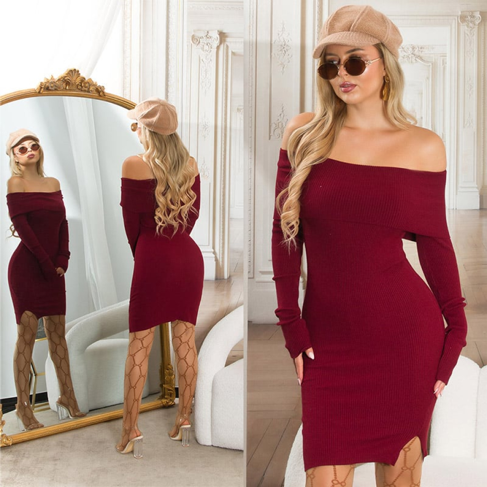 Anschmiegsames Feinstrick-Minikleid mit Umlegekragen - bordeaux