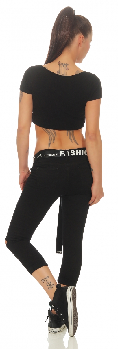 Moderne Vintage Crash-Capri mit Stoffgürtel in schwarz