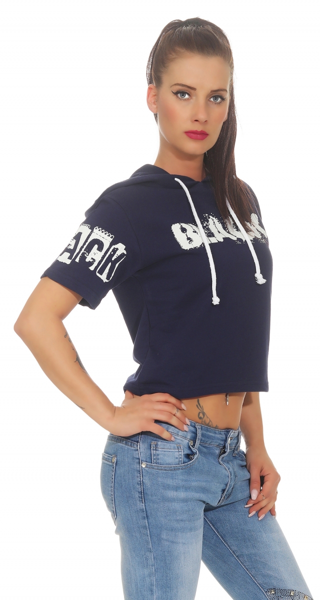 Bauchfreies Kapuzen-Shirt großem Schrift-Print - mitternachtsblau