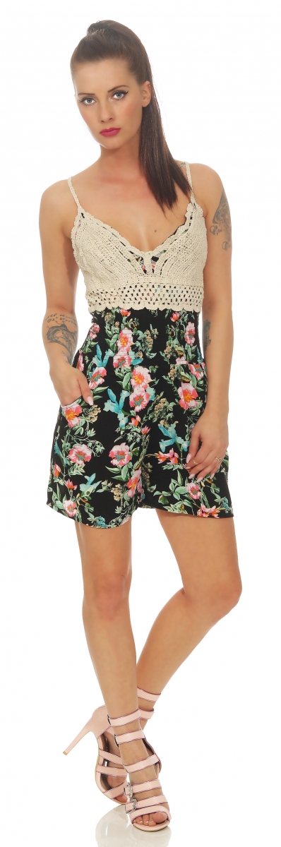 Blümchen-Overall mit süssem Häkeloberteil in multicolor/smaragd