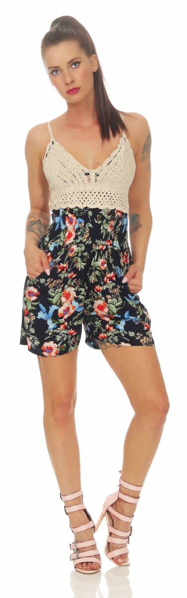 Blümchen-Overall mit süssem Häkeloberteil in multicolor/blau