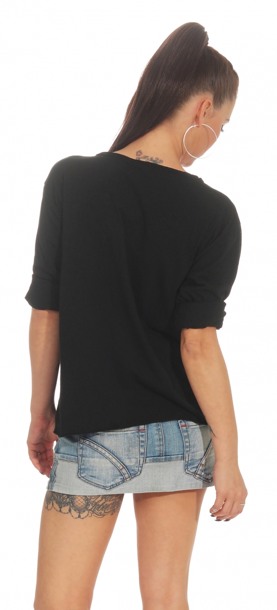 Dünnes Baumwoll-Shirt mit Pailletten-Verzierung - schwarz