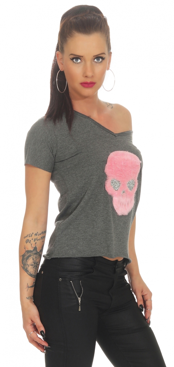 Witziges Shirt mit pinkfarbenen Kunstfell-Skull - graphit