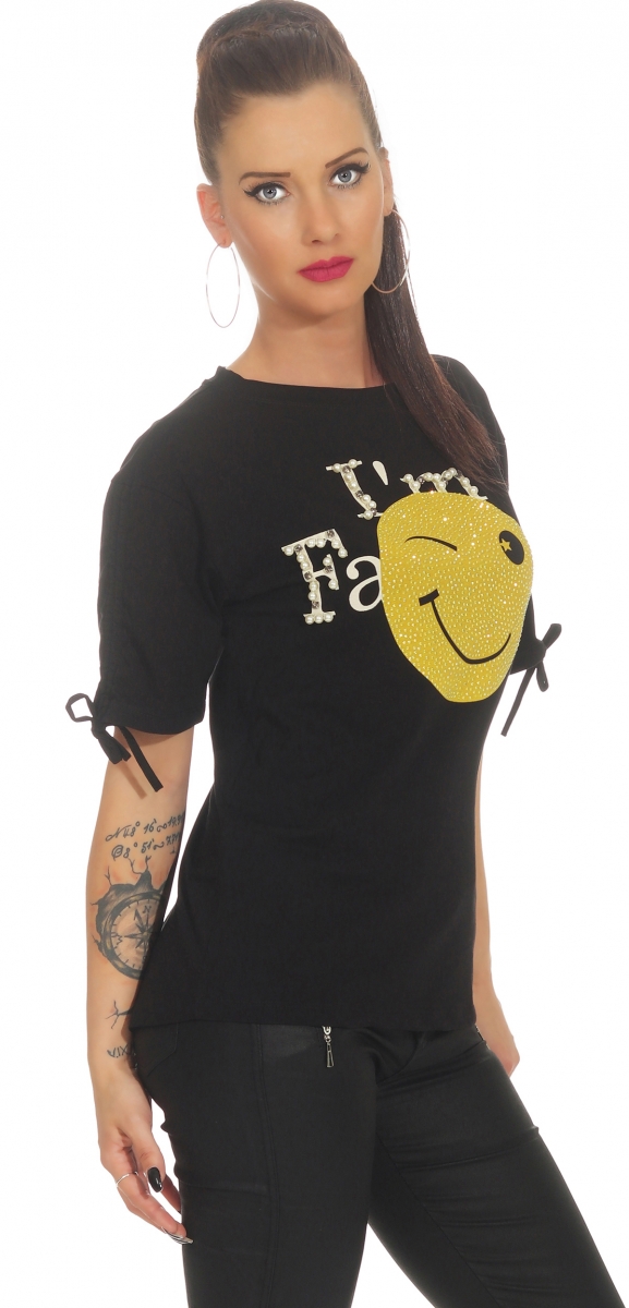 Exklusives Kurzarm-Shirt mit verzierten Print - schwarz
