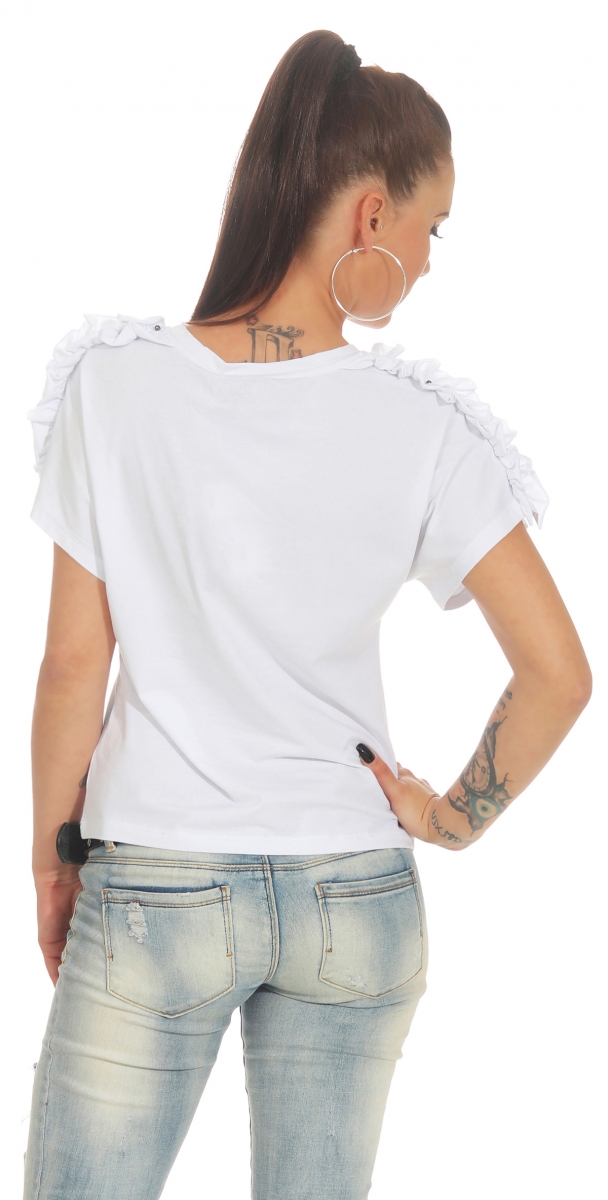 Kurzarm-Shirt mit Glamour-Print und Ärmel-Verzierung - weiß