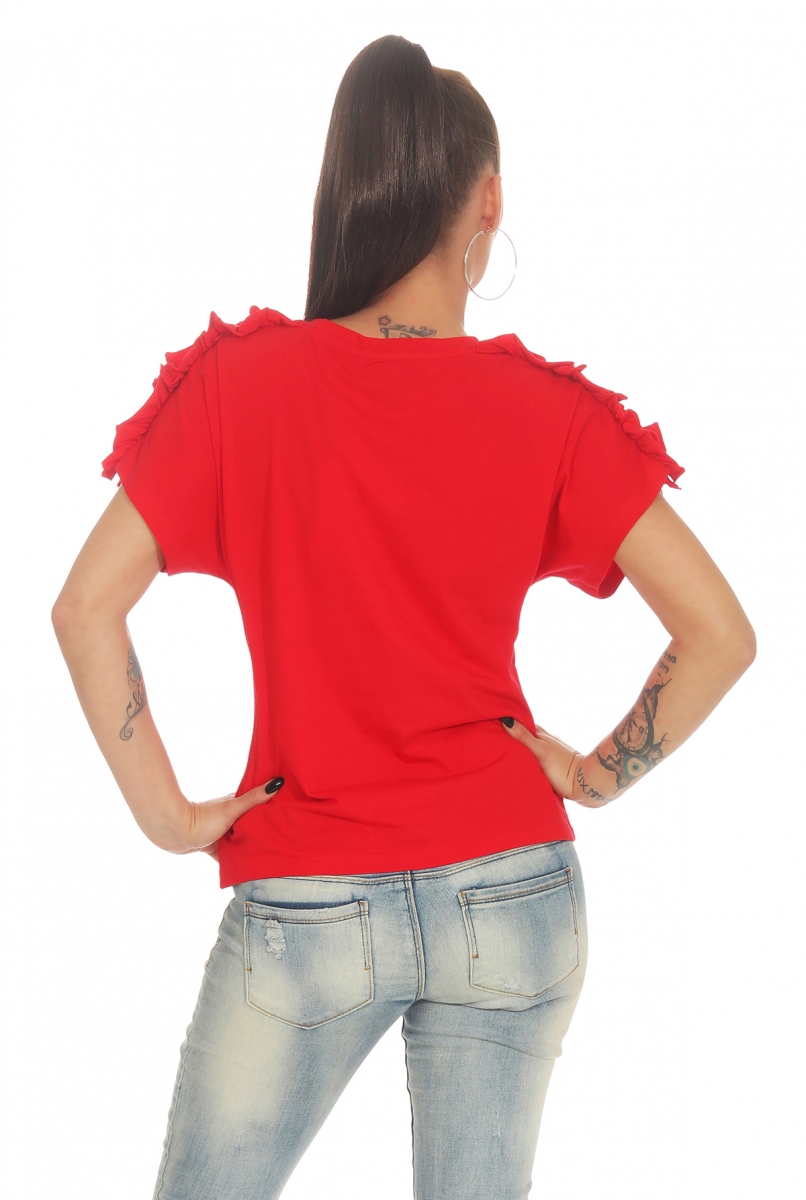 Kurzarm-Shirt mit Glamour-Print und Ärmel-Verzierung - rot