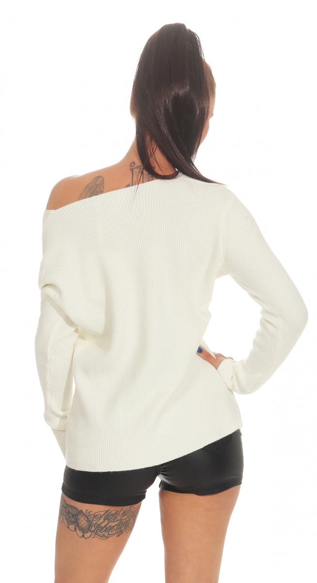 Oversize Strickpullover mit V-Auschnitt in cremeweiß