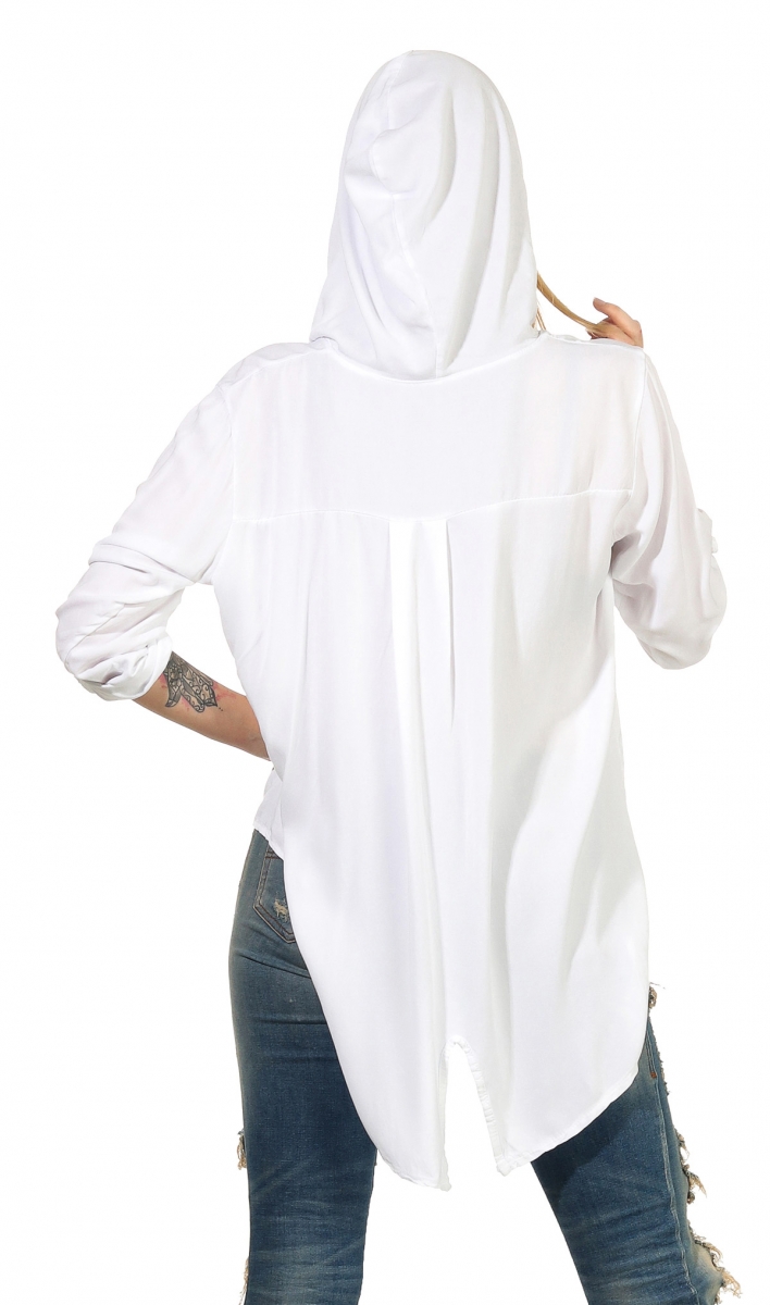 Oversize Shirt mit Kapuze und verzierten Schrift-Print - weiß