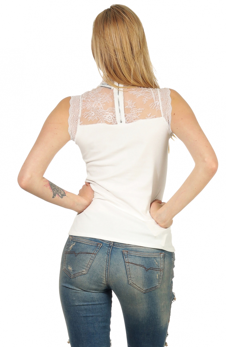 Ärmelloses Shirt mit Spitzen-Verzierung - weiß