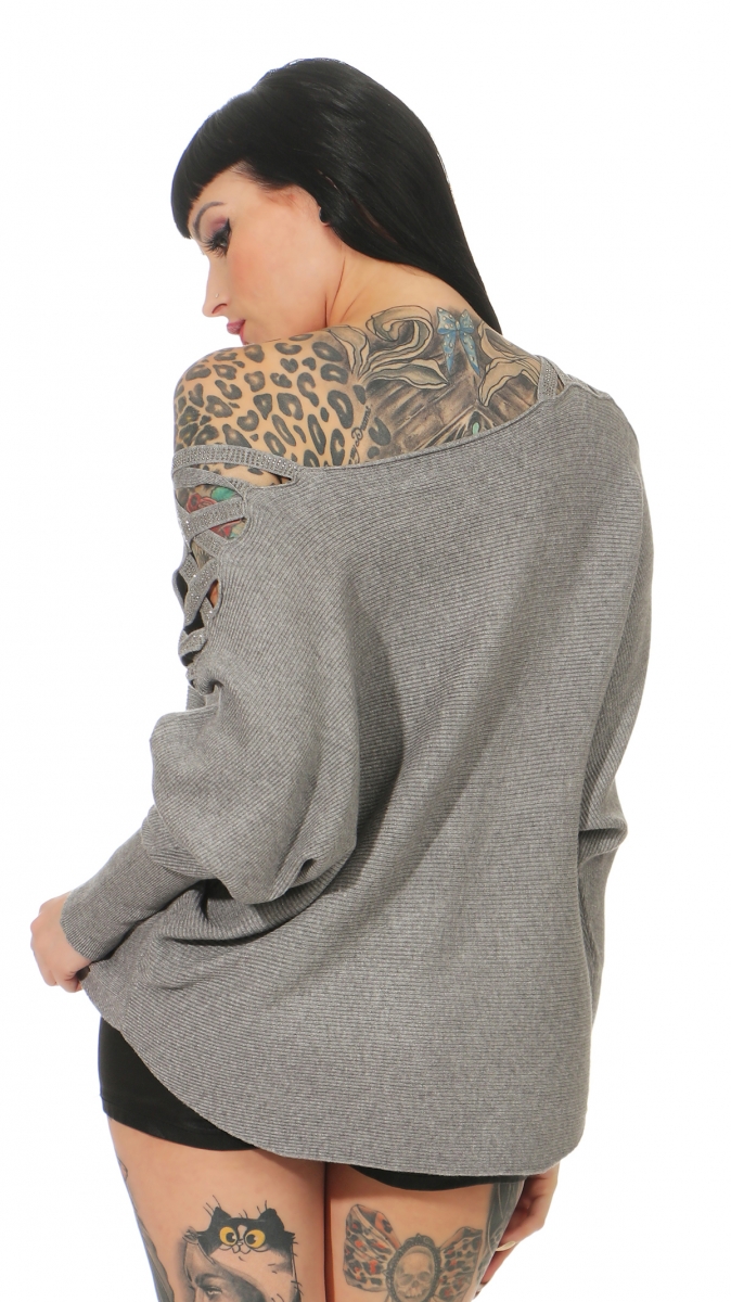 Oversize Rippstrick-Pullover mit Flecht-Verzierung - stone