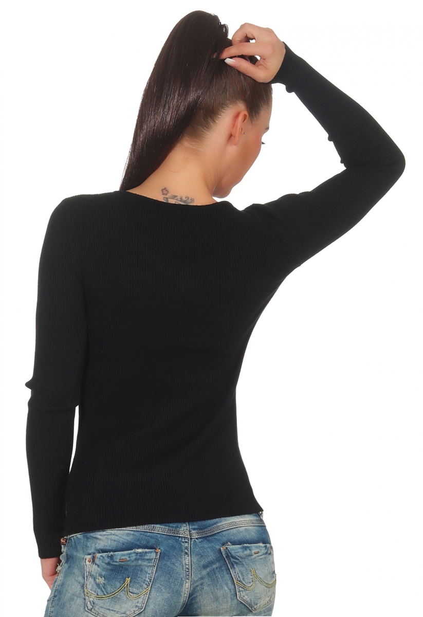 Taillierter Feinstrick-Pullover mit Strass-Verzierung - schwarz