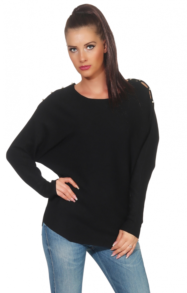 Fledermaus-Pullover mit Cut Outs und Perlen-Applikation in schwarz