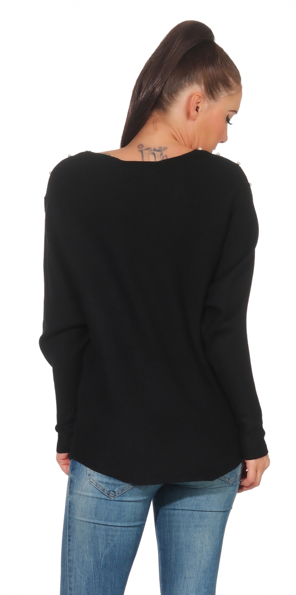 Fledermaus-Pullover mit Cut Outs und Perlen-Applikation in schwarz
