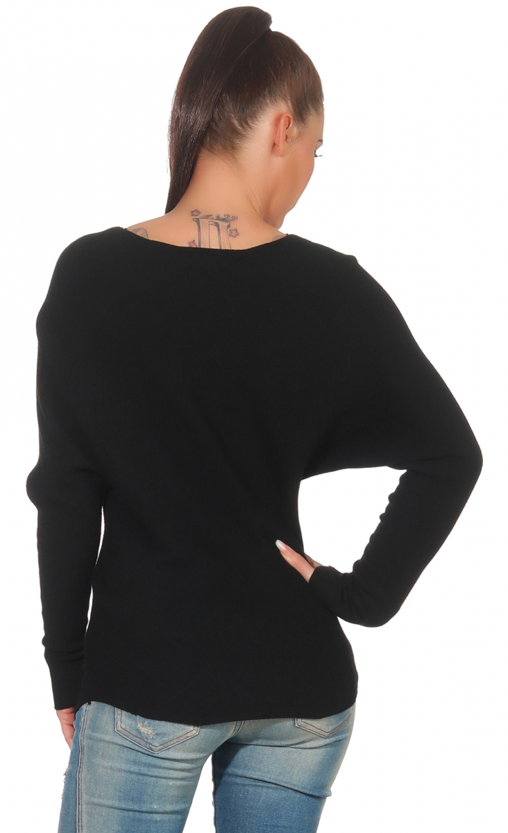 Feinripp-Pullover mit Schmucknieten-Verzierung - schwarz