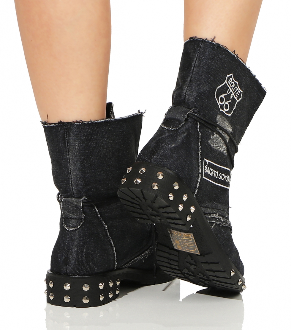 Auffallender Vintage Schnürstiefel / Boots mit Patches - schwarz