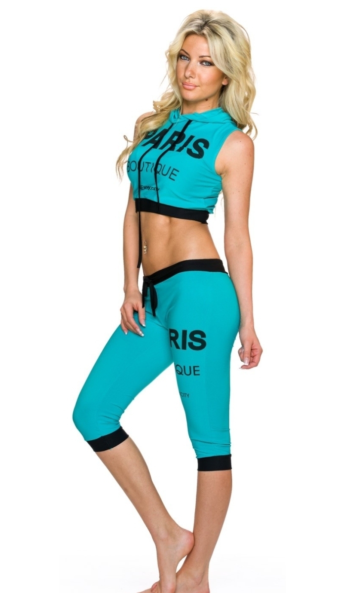 Kapuzen-Shirt und Capri-Hose mit Schrift-Print - türkisgrün