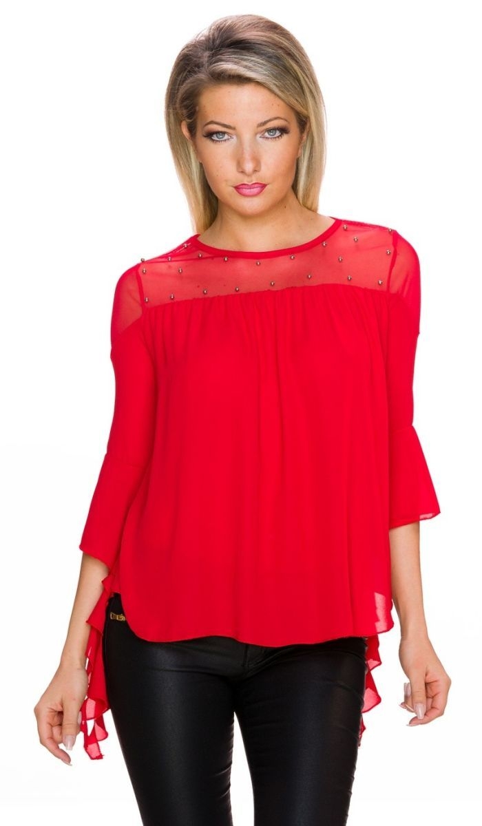 Ausgefallenes Langarmshirt mit Mesh-Einsatz und Perlenverzierung - rot