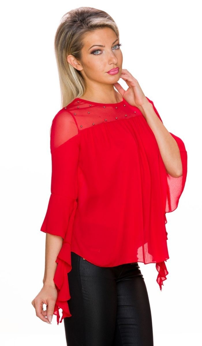 Ausgefallenes Langarmshirt mit Mesh-Einsatz und Perlenverzierung - rot